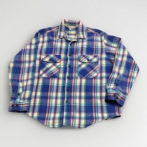 Vintage Large 80's Woven 100% Cotton Flannel Shirt Plaid Navy Pink Turquoise